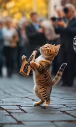 a cat holding a wooden bag and performing tricks on the street