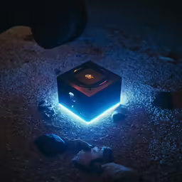 a blue lit speaker placed on some gravel