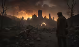 a man standing in a forest next to a ruins