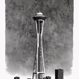 black and white image of a tall structure against a stormy sky
