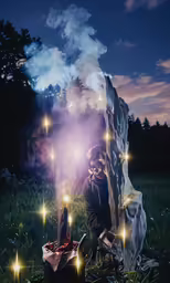 the person is sitting next to a rock and some bright lights