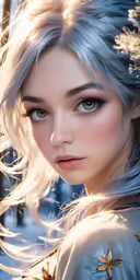 a woman with blue hair in a snowy forest