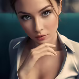 a woman in a shirt has her hand near her chin
