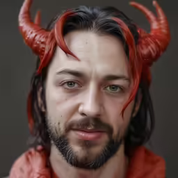 man with long horns and a beard and red coat