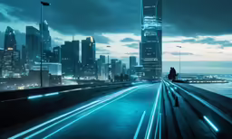 a man sitting on a city bridge at night