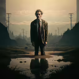 a man standing in the middle of a puddle wearing a suit