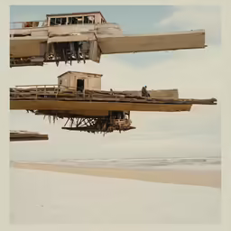 the underside of some big ship in the air over beach