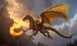 a white dragon with wings and an orange tail, is attacking through the air
