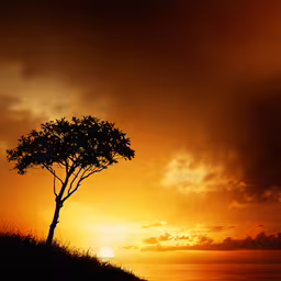 a silhouetted tree on a hill at sunset,the sun sets behind some large hills