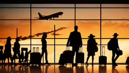 people waiting for their luggage at an airport,the silhouettes of travelers stand in front of an airport window