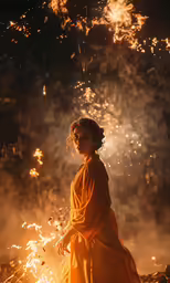 a woman in an orange dress with fire in the background