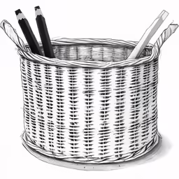 an engraving of a basket with pencils inside