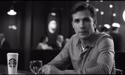 man sitting at table with drink and coffee in foreground