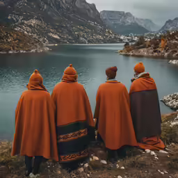 three women wrapped in blankets sitting on the edge of the water