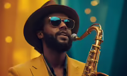 a man playing the saxophone, wearing sunglasses and a hat
