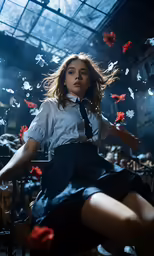young woman with bird like body flying from chair