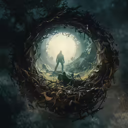 a man stands in the middle of a forest, surrounded by branches and plants