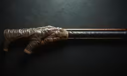 an open glove hanging on the end of a long tube