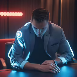 the businessman looks down at his watch as he rests in a chair