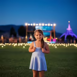 a young girl stands on the field and gives a thumbs up