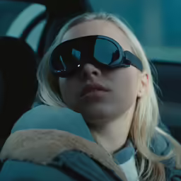 a woman with big black glasses on her face is sitting inside a car