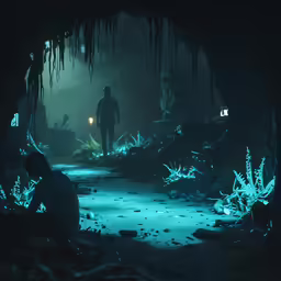 an alien - like cave with many lights and plants in the dark