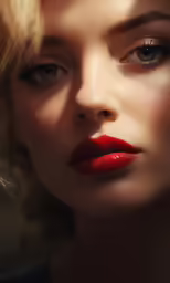 a woman with red lips and hair is looking directly at the camera