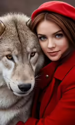 the woman is hugging the large gray wolf