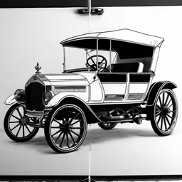 an old - fashioned car drawn on to a large piece of paper