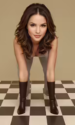 the girl poses as she stands on a checkered tile floor