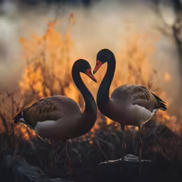 two ducks standing on some rocks by the woods