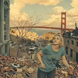 a woman standing in the rubble of a city under the golden gate bridge