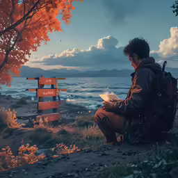 a man sits near the water looking at his book