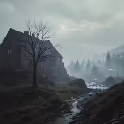 a large building with a stream running through it