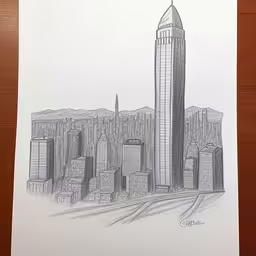 pencil drawing of tall skyscrapers in a cityscape,a drawing of a building in a city