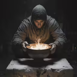 a man kneeling down while holding a fire bowl