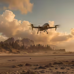 an airplane taking off into the sky over some mountains