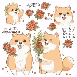 a drawing of a dog holding flowers next to some roses