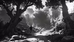 a black and white photo of a man walking on a trail