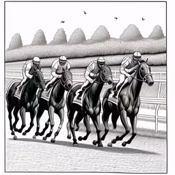 a drawing of jockeys racing horses on a track,black and white photo of horse racing team