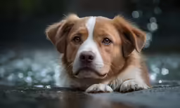a brown and white dog laying down on a road