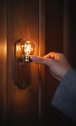 a man is pointing at a light bulb on the wall