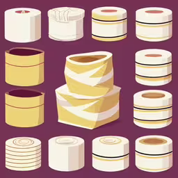 rolls of toilet paper are shown on a purple background,many stacks and layers of different paper towels,various types of folded rolls of fabric,a number of various rolls of paper on a purple surface,a variety of different types of boxes