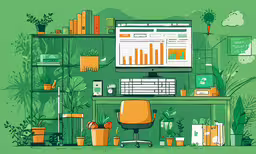 an orange office chair in front of a computer screen with graphs on it,a green desk with a computer monitor and potted plants