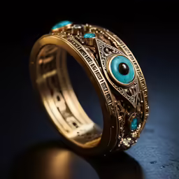 an elaborate ring decorated with blue and green stone
