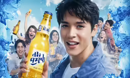 man holding an orange bottle with advertisement for it