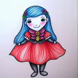 drawing of an adorable little girl with blue hair and a red dress,this drawing shows the girl dressed up in a red dress and with blue hair