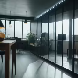an empty room filled with glass walls and plants