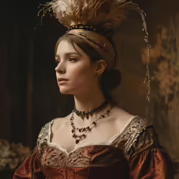 a woman in an antique dress is standing