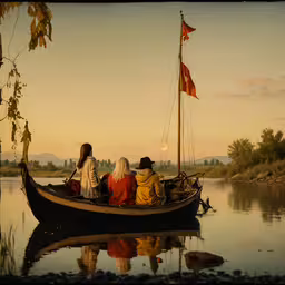 three people sitting on a small boat in a lake,three people in a small boat with the flag of two red flags flying